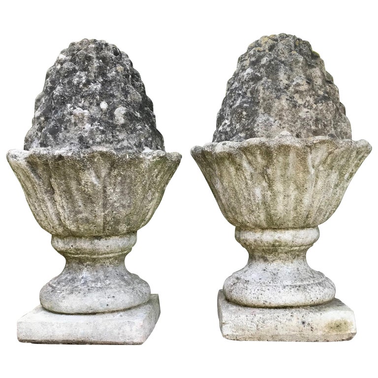 Pair of Weathered English Cast Stone Pineapple Finials at 1stDibs