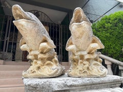 Pair of Weathered French Cement Dolphin Fountain Spouts, Circa 1970s