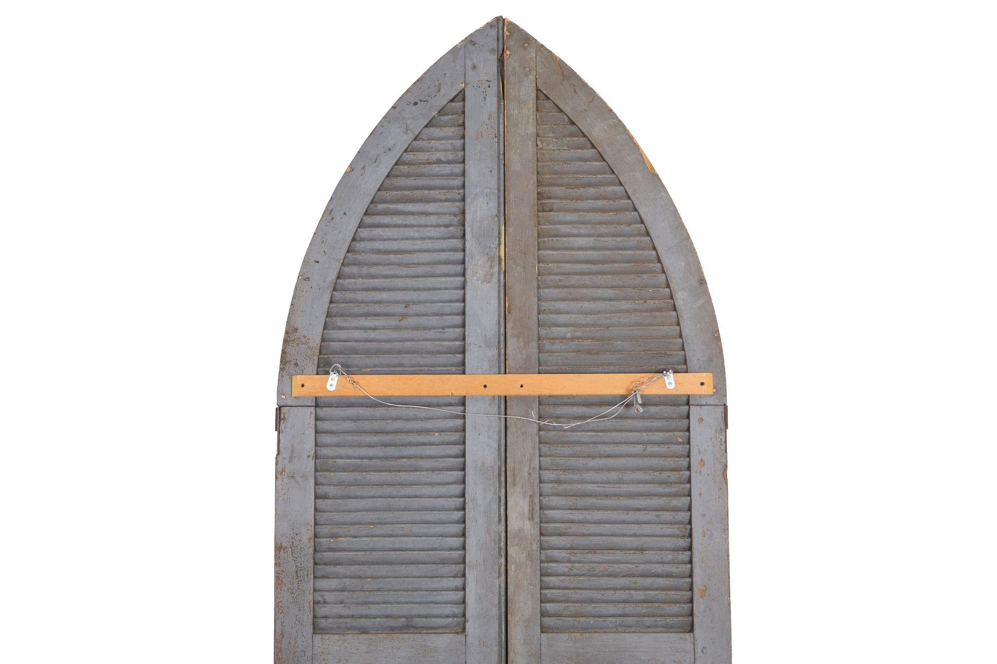 Rustic Pair of Weathered Gray-Painted Arched Domed Louvered Doors For Sale