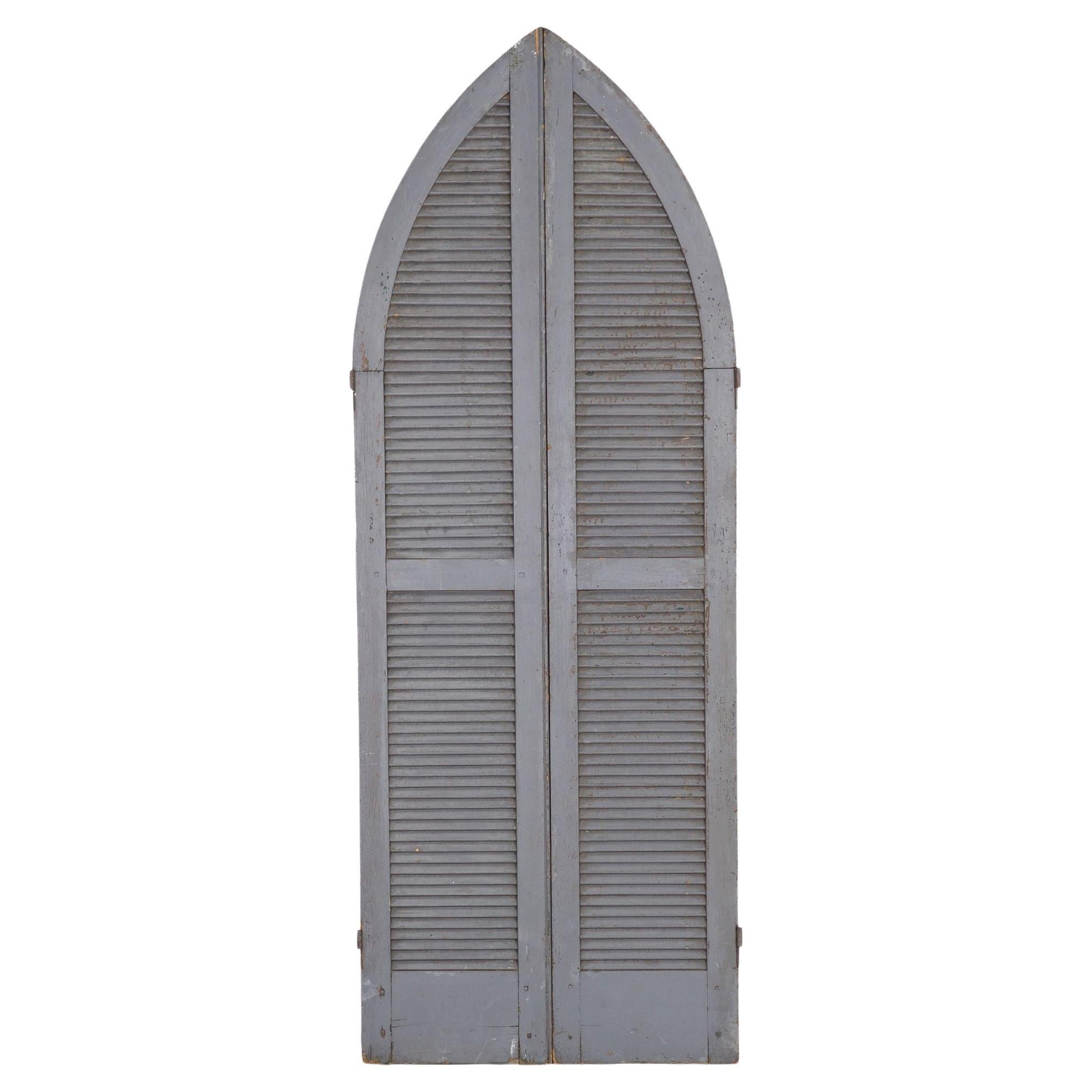Pair of Weathered Gray-Painted Arched Domed Louvered Doors For Sale