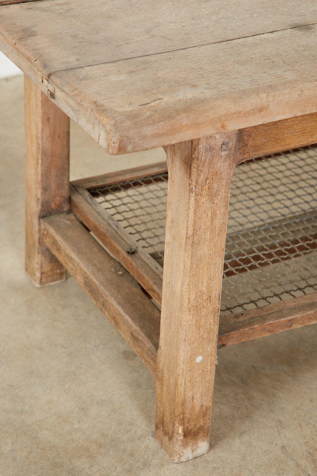 Pair of Weathered Pine Benches with Storage Shelves 6