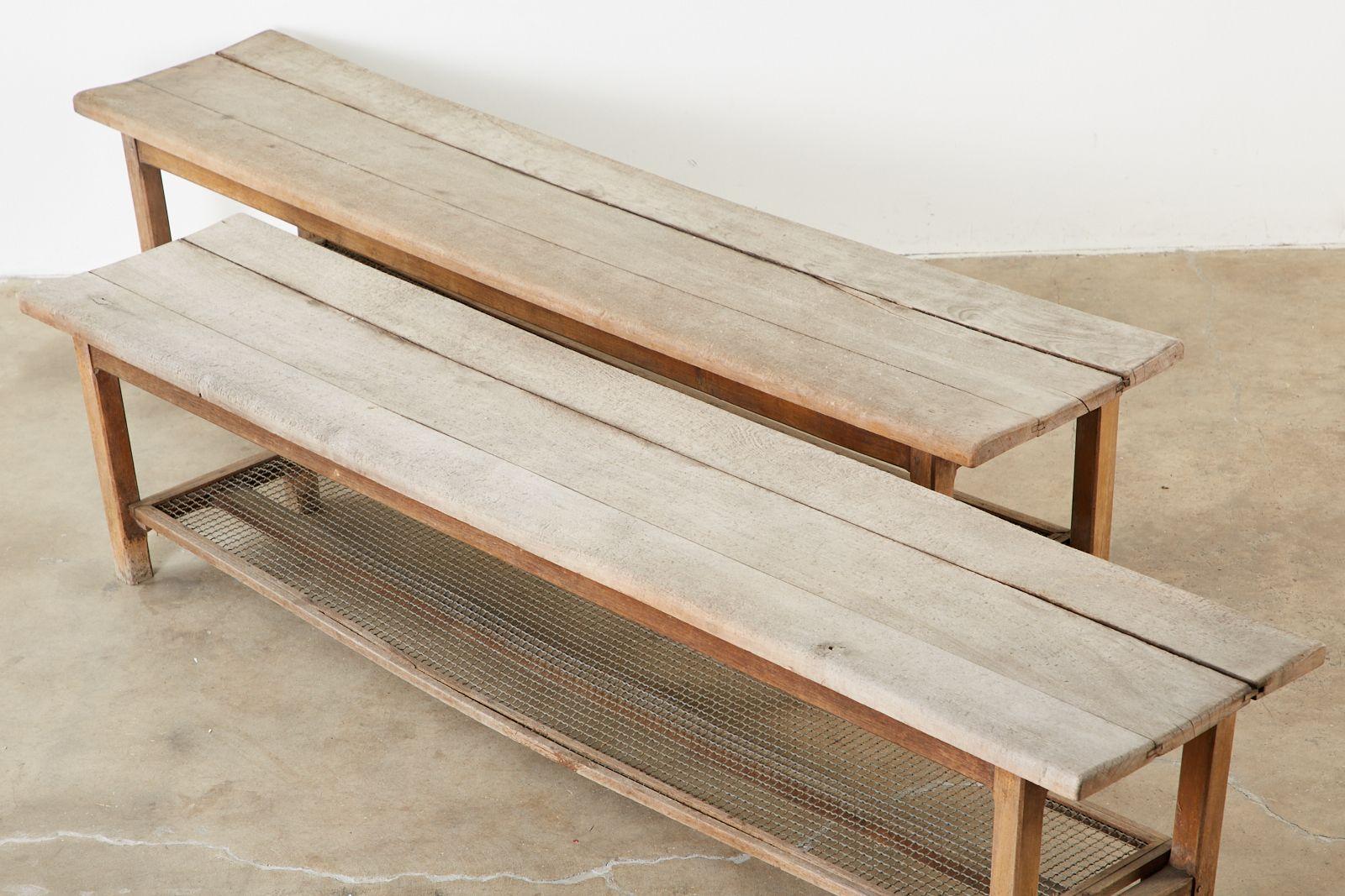 Pair of Weathered Pine Benches with Storage Shelves 11