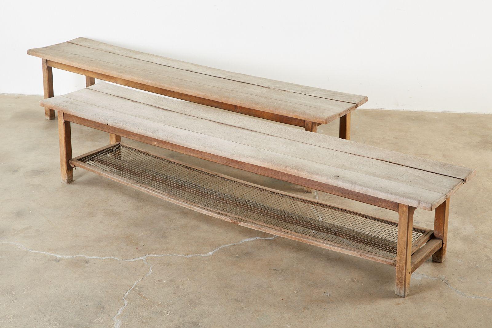 Pair of Weathered Pine Benches with Storage Shelves 12