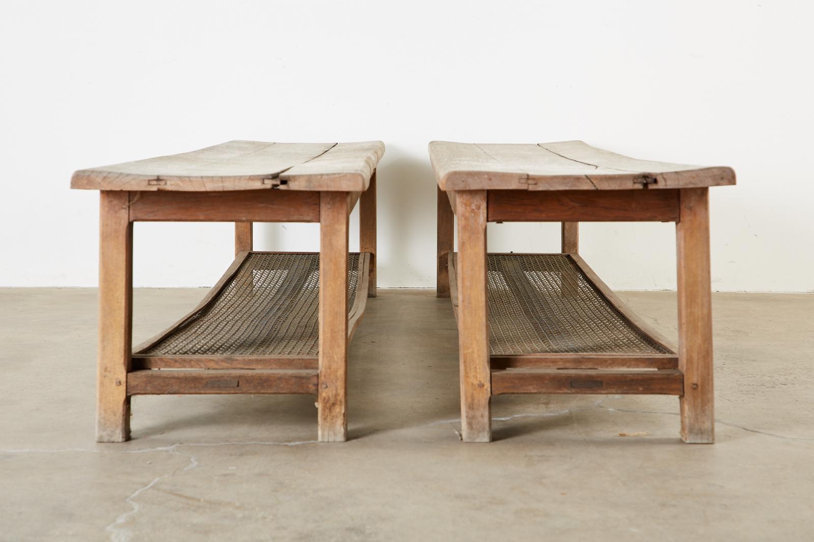 Hand-Crafted Pair of Weathered Pine Benches with Storage Shelves