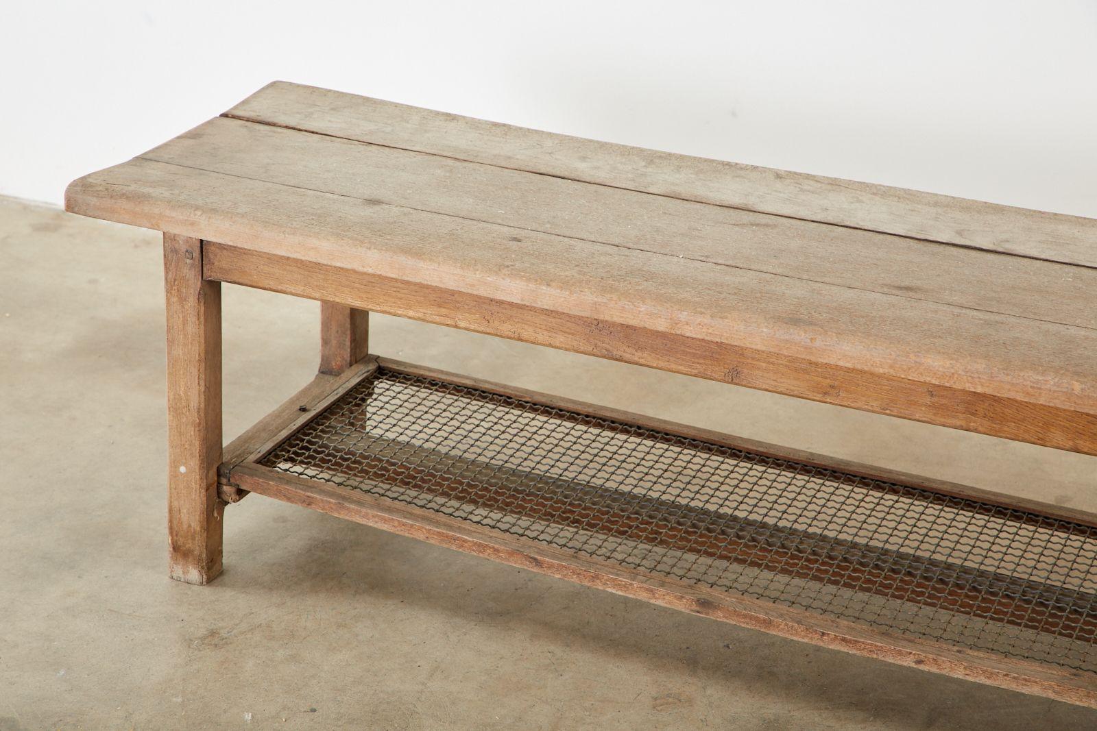 Pair of Weathered Pine Benches with Storage Shelves In Distressed Condition In Rio Vista, CA