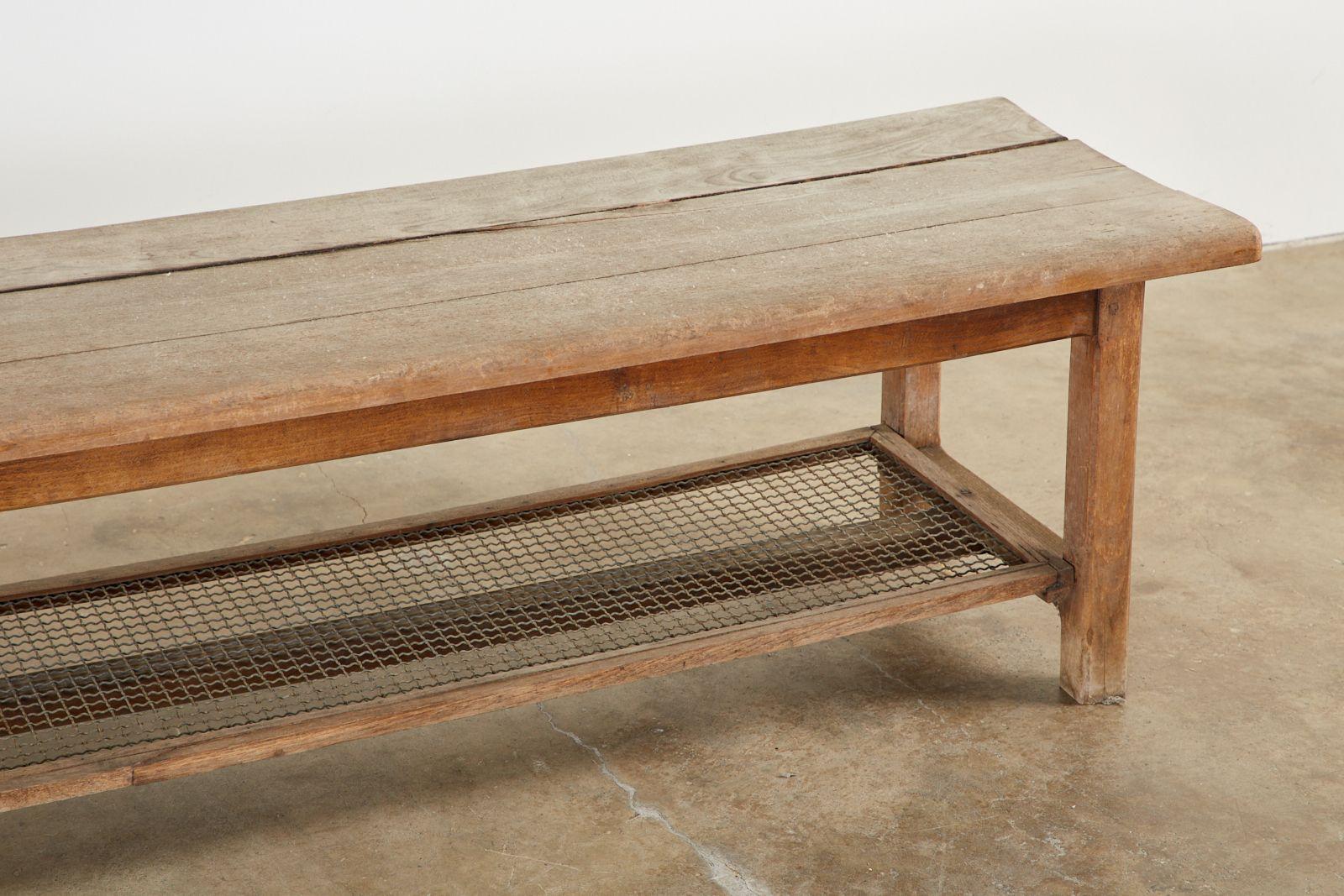 20th Century Pair of Weathered Pine Benches with Storage Shelves