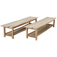 Vintage Pair of Weathered Pine Benches with Storage Shelves