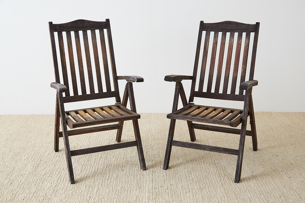Mid-Century Modern Pair of Weathered Vintage Teak Folding Chairs