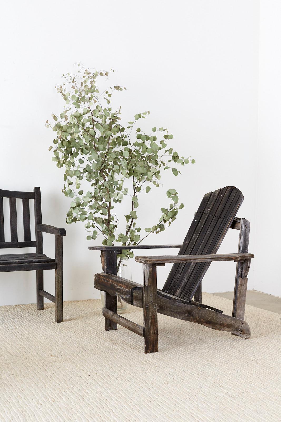 Hand-Crafted Pair of Weathered Westport Plank Adirondack Chairs