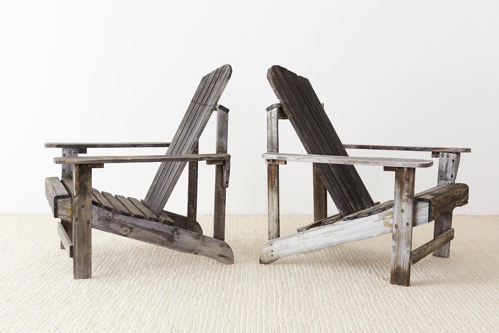 Pair of Weathered Westport Plank Adirondack Chairs In Distressed Condition In Rio Vista, CA