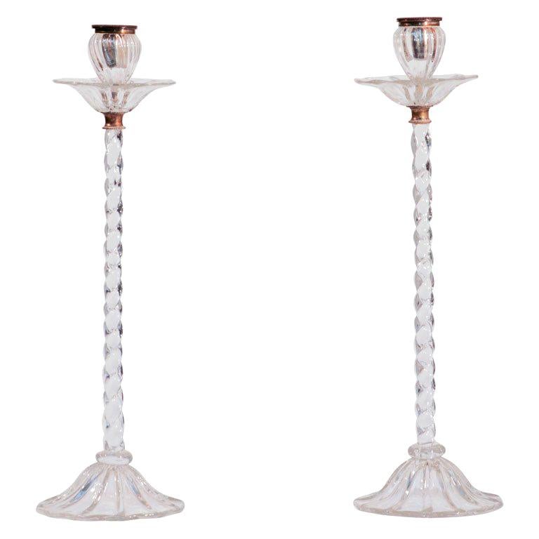 Rare Set of Webb Hand Blown Crystal 19" Candlesticks W/ Twist Spiral Tall Stems For Sale