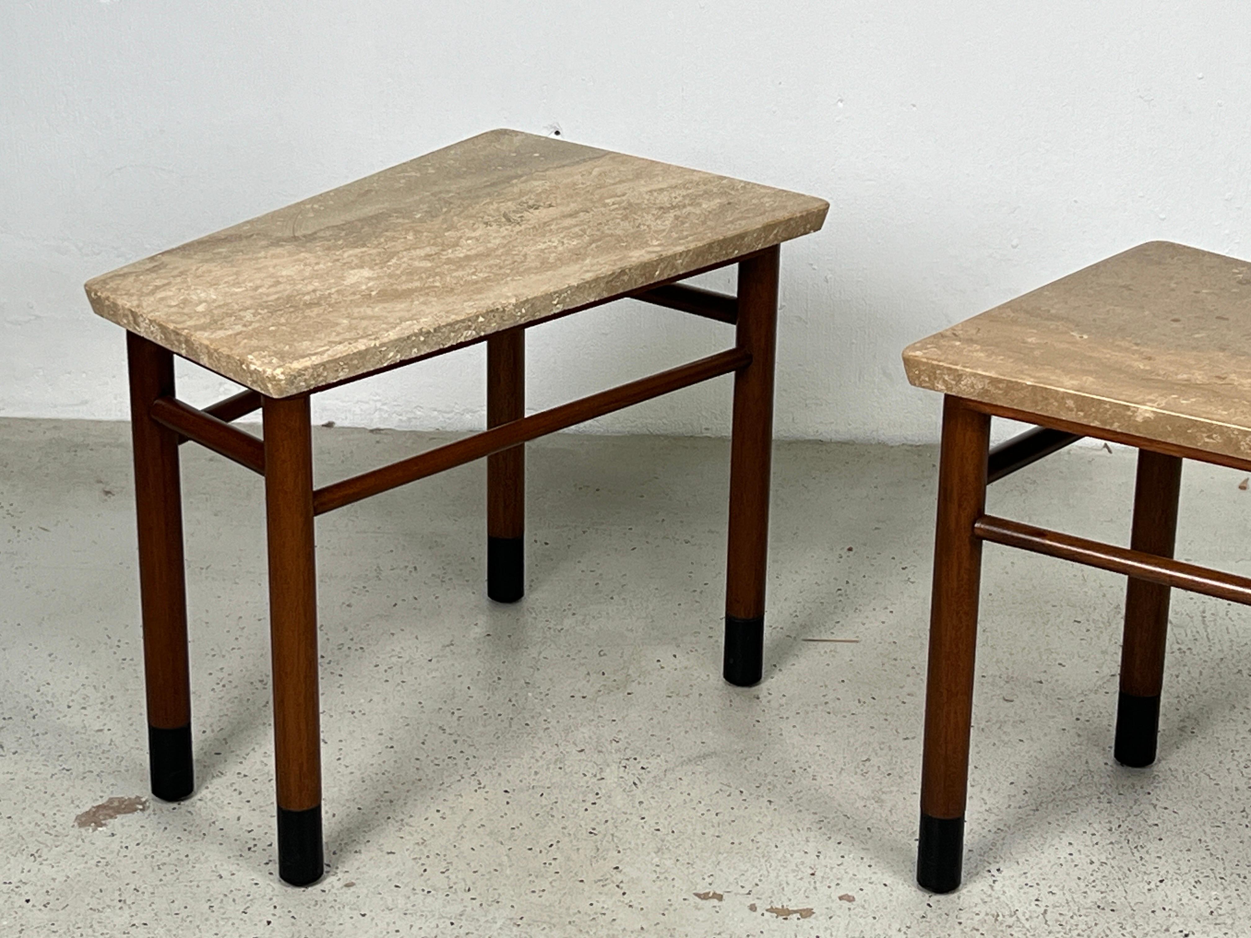 Pair of Wedge Shaped Travertine Tables by Edward Wormley for Dunbar In Good Condition For Sale In Dallas, TX