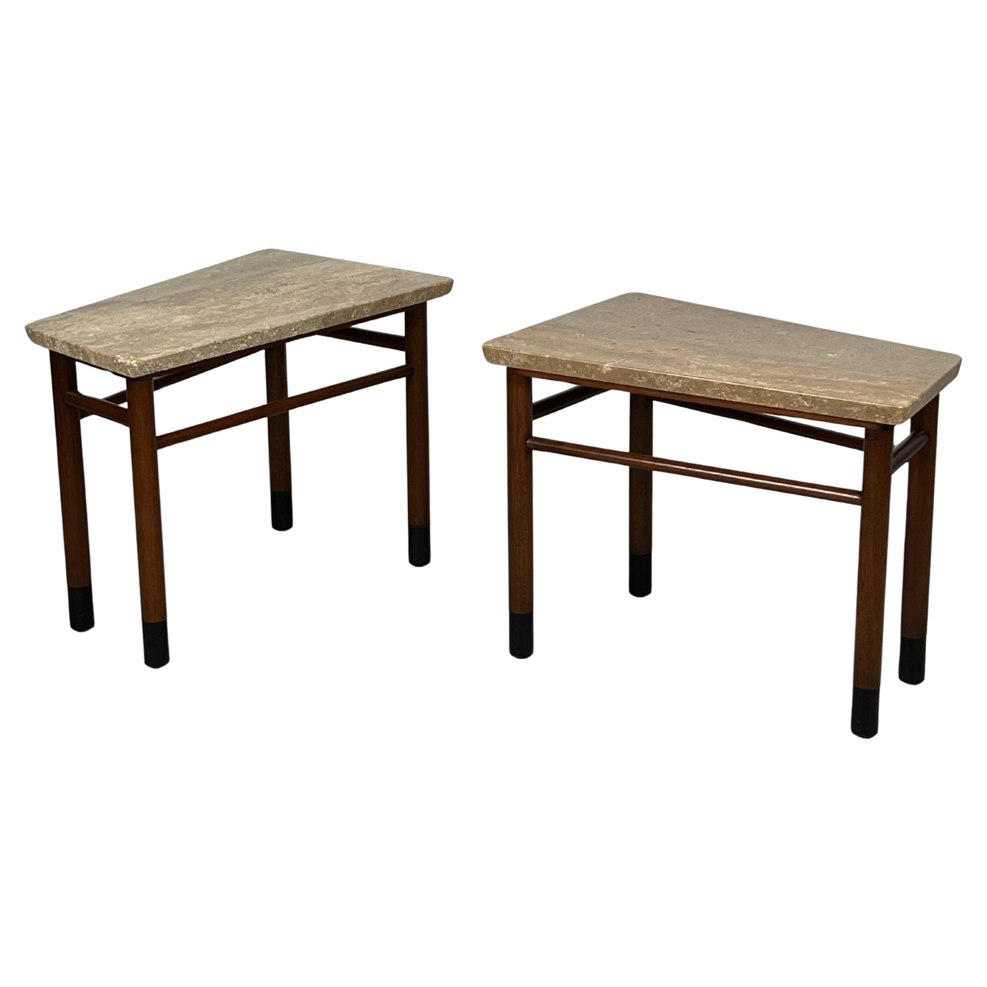 Pair of Wedge Shaped Travertine Tables by Edward Wormley for Dunbar For Sale