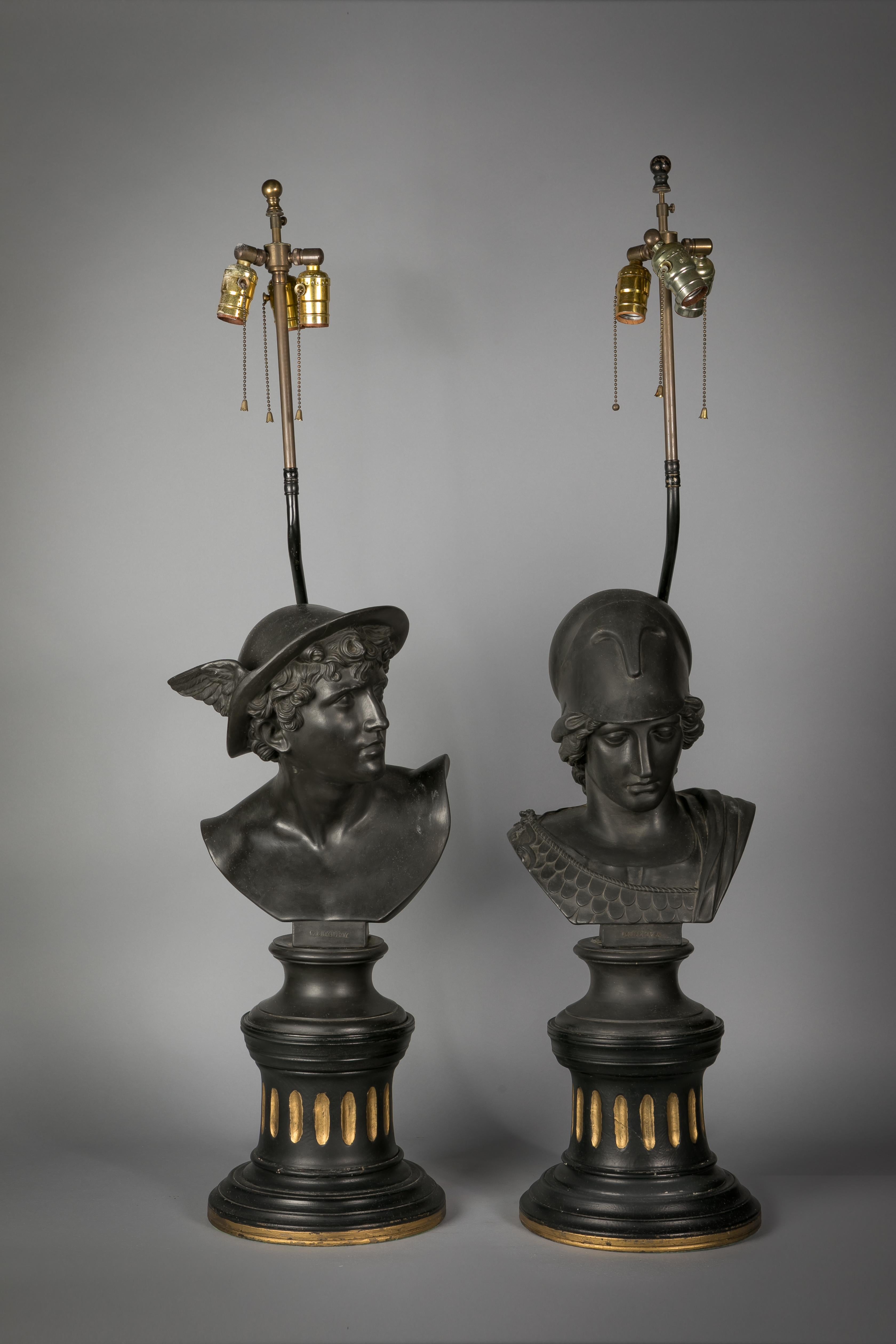 Of Minerva and Mercury, impressed upper case marks. On painted wooden bases.
Height to finial 42.5