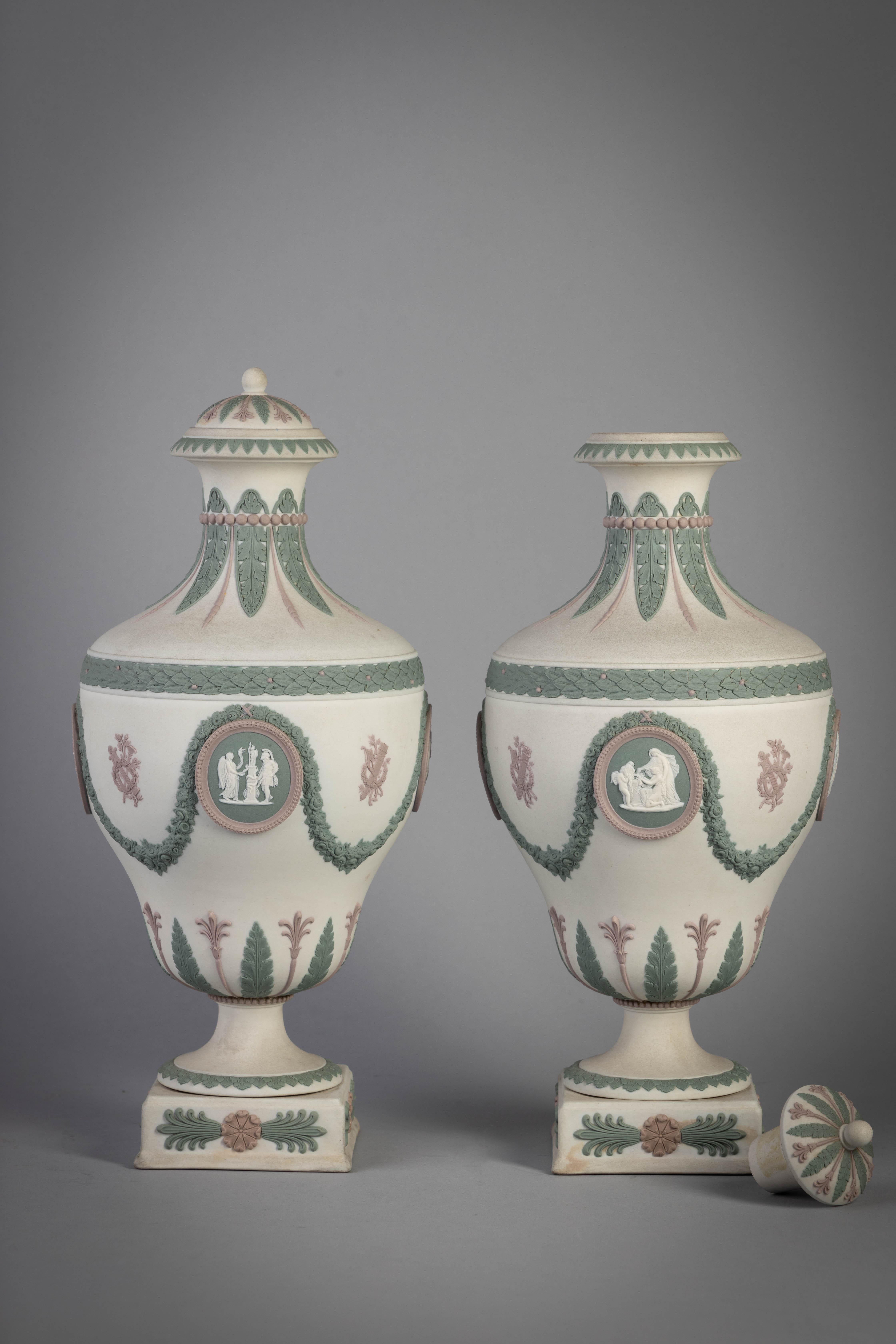 English Pair of Wedgwood Basalt Tri-Color Covered Urns, circa 1890 For Sale