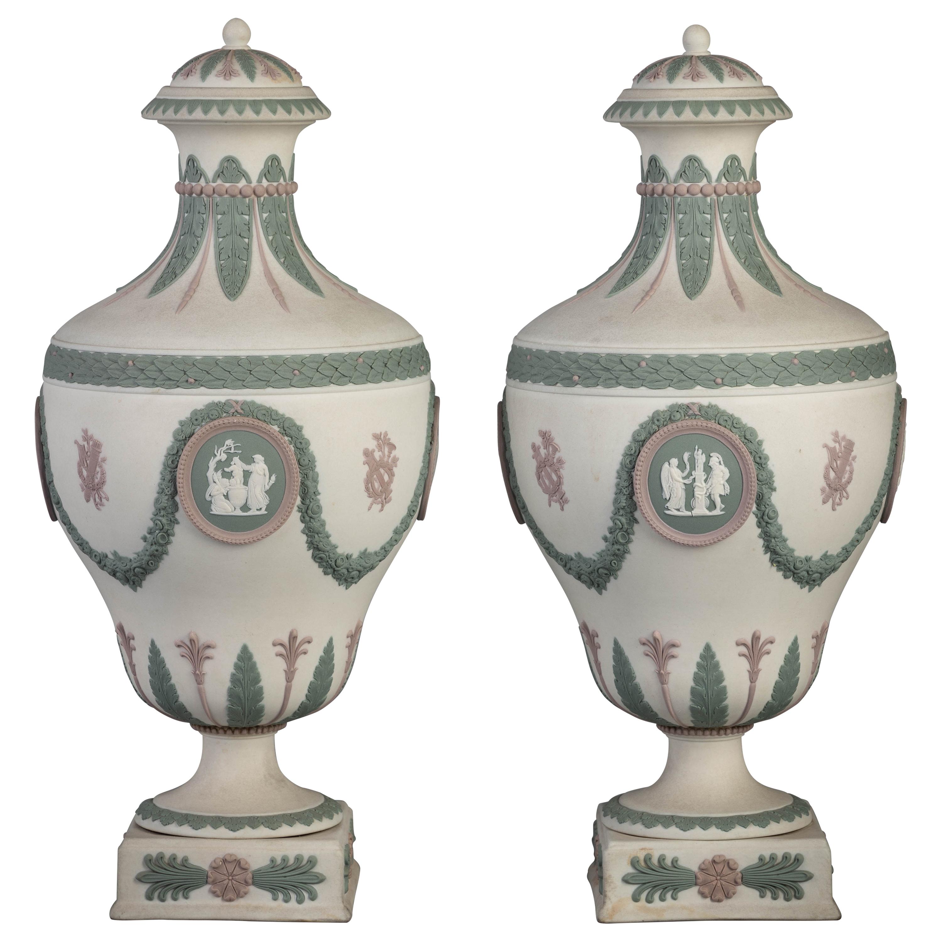 Pair of Wedgwood Tri-Color Covered Urns, circa 1890 For Sale