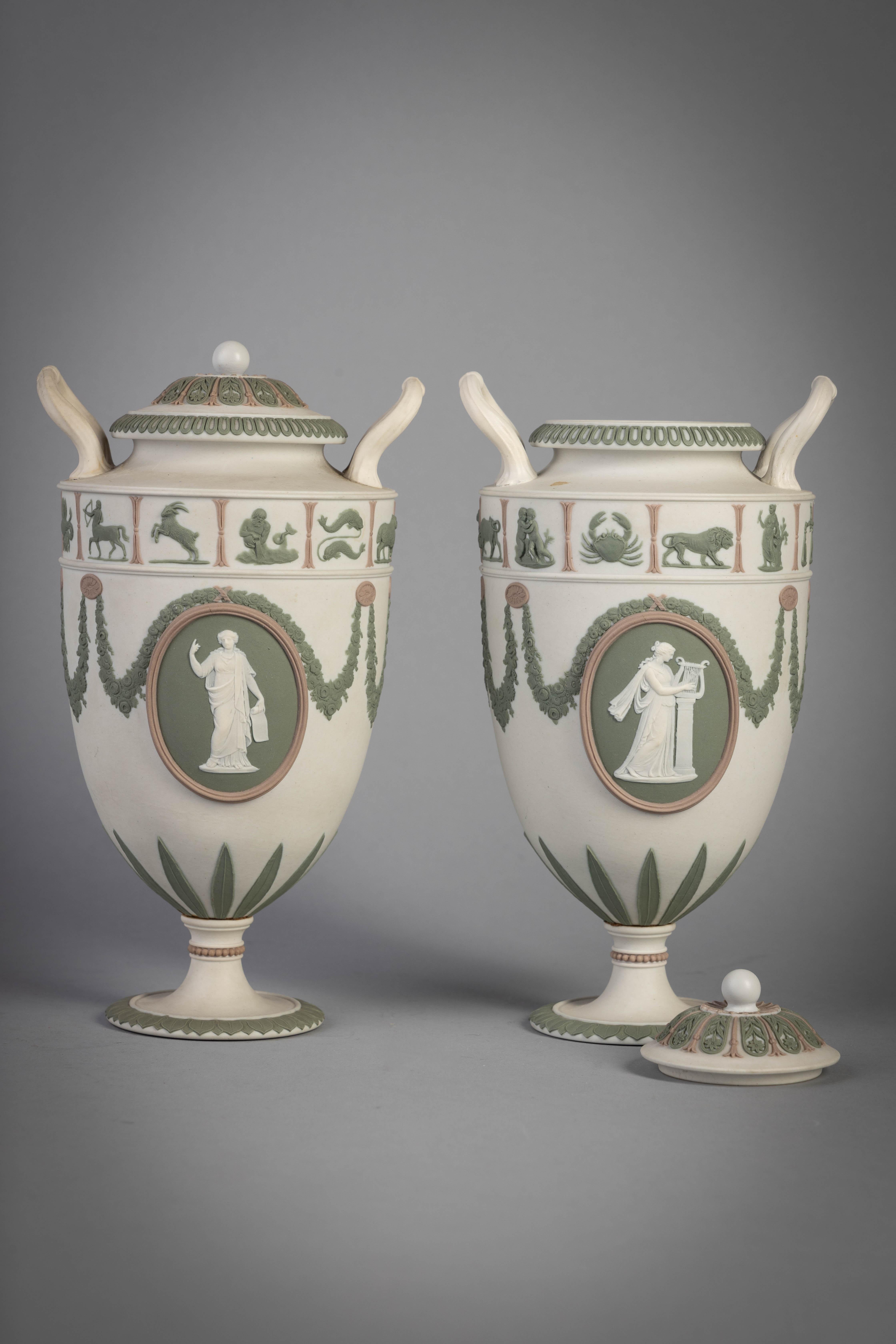 English Pair of Wedgwood Basalt Tri-Color Two-Handled Vases, circa 1890