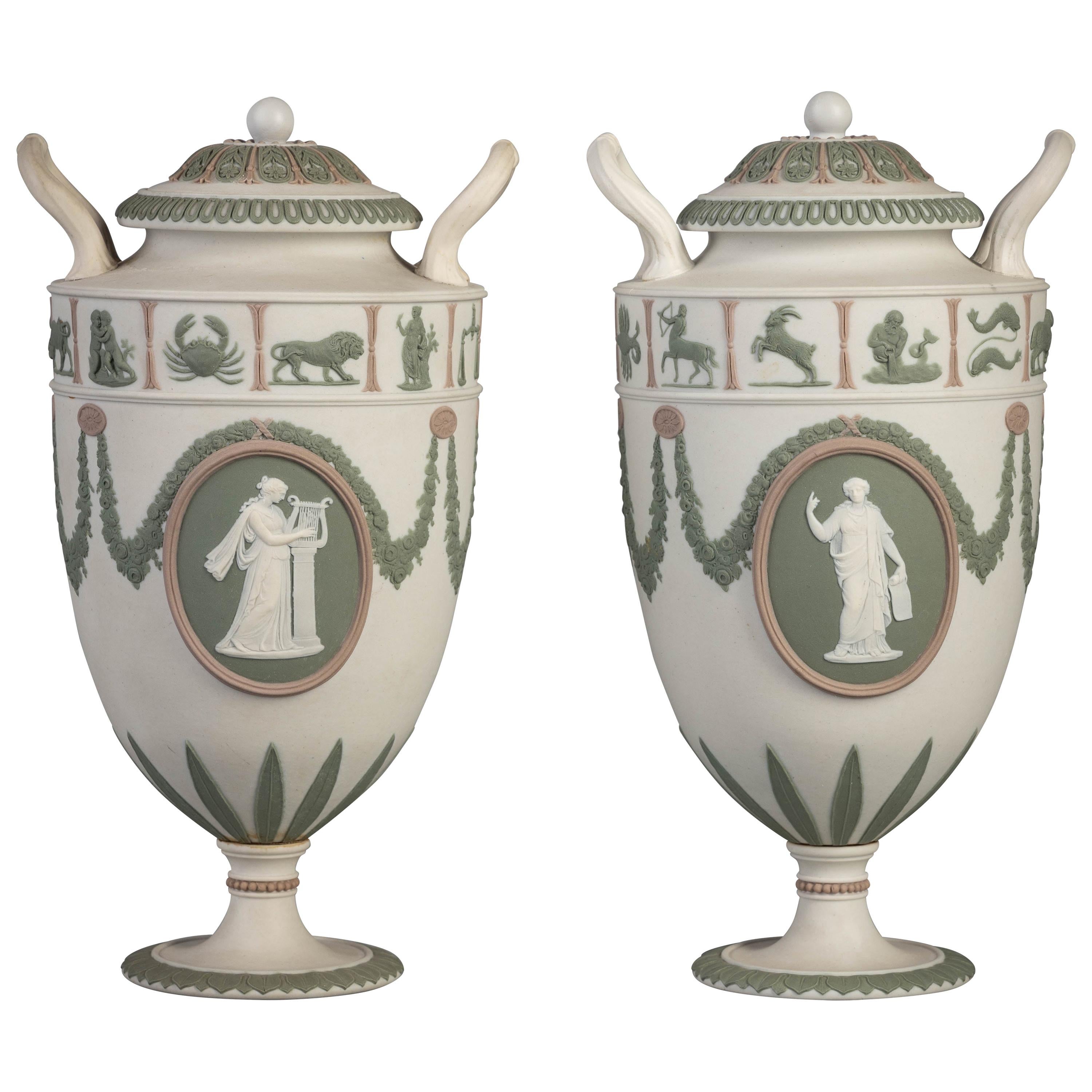 Pair of Wedgwood Basalt Tri-Color Two-Handled Vases, circa 1890