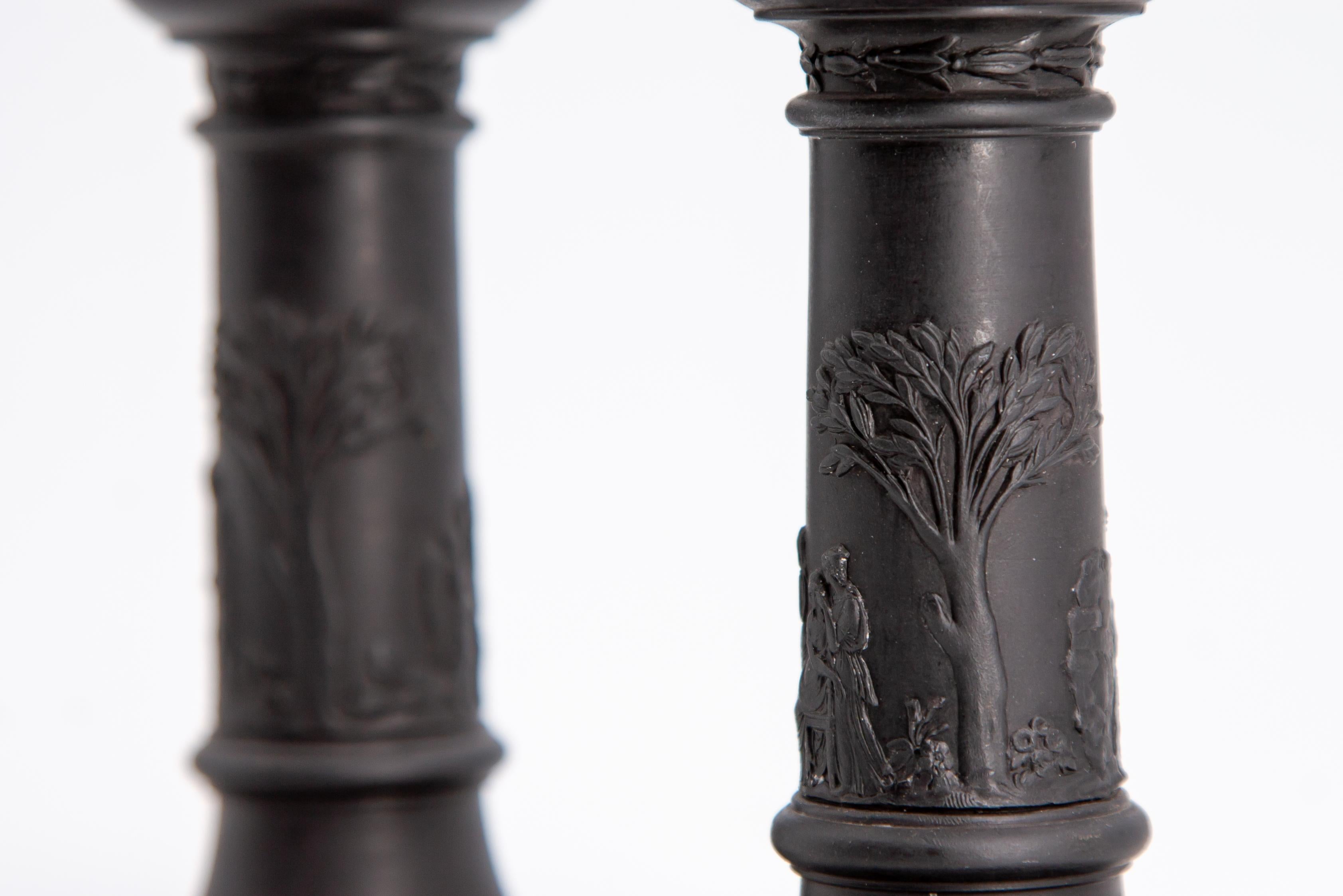 Neoclassical Pair of Wedgwood Black Basalt Candlesticks