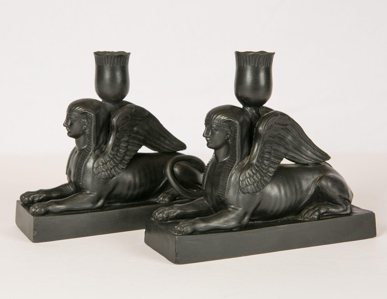 English Pair of Wedgwood Black Basalt Sphinxes Made, circa 1840