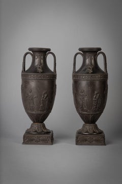 Pair of Wedgwood Black Basalt Two-Handled Vases, circa 1900