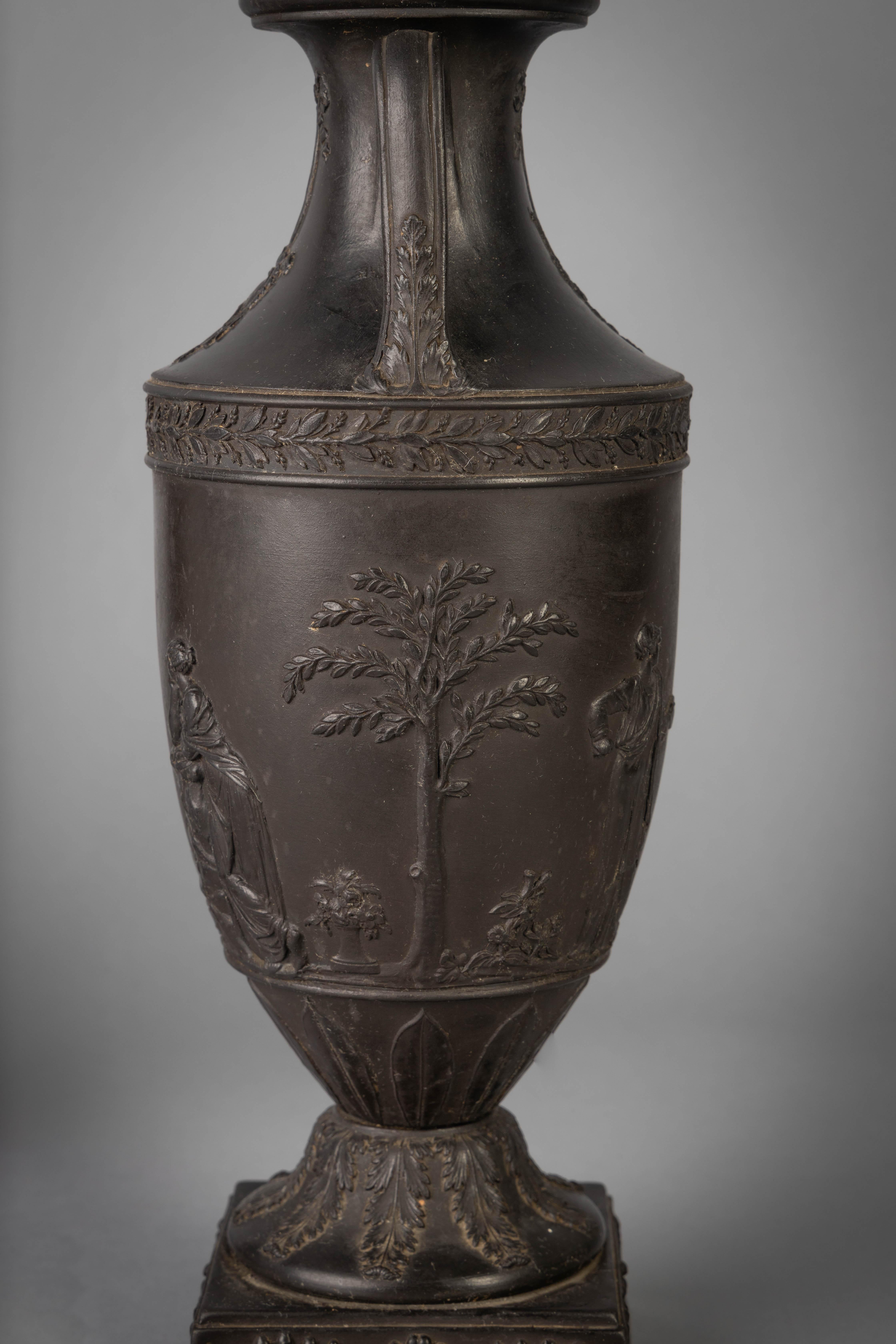British Pair of Wedgwood Black Basalt Two-Handled Vases, circa 1900 For Sale