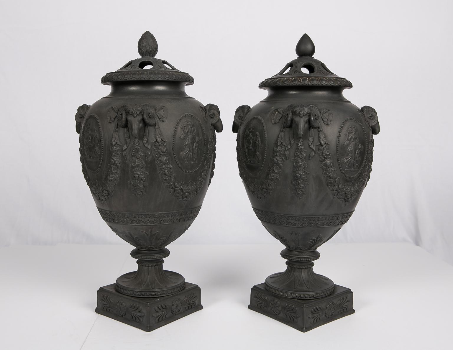 Neoclassical Pair of Wedgwood Black Basalt Urns Made in England circa 1820