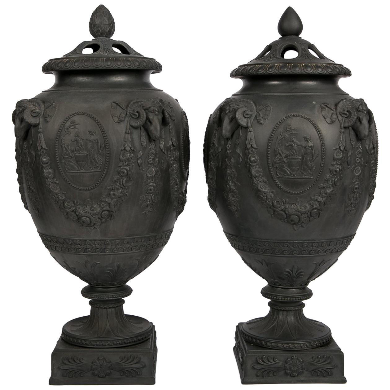Pair of Wedgwood Black Basalt Urns Made in England circa 1820
