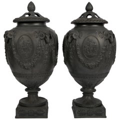 Antique Pair of Wedgwood Black Basalt Urns Made in England circa 1820