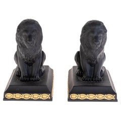 Pair of Wedgwood Elegant Black Basalt Lion Bookends or Paperweights Sculptures