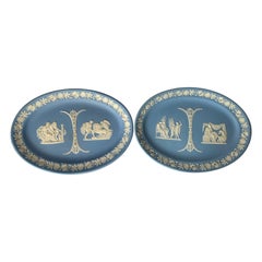 Vintage Pair of Wedgwood Light Blue Jasperware Oval Plates