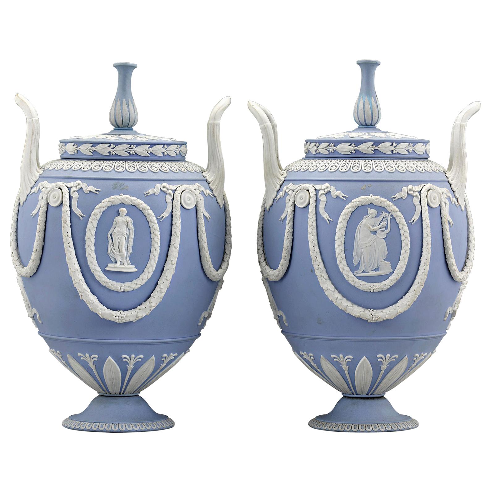 Pair of Wedgwood Neoclassical Blue Jasperware Urns