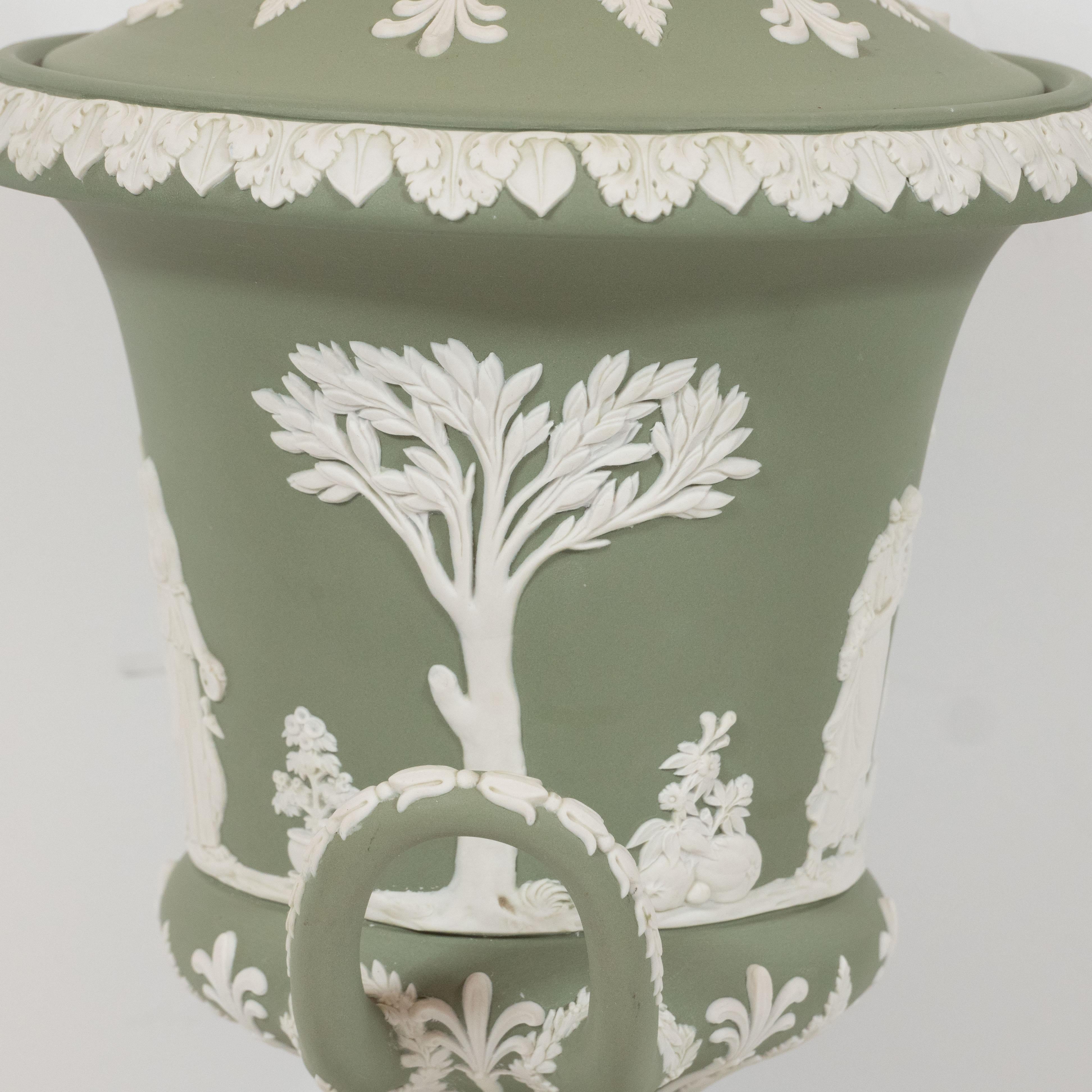 Pair of Wedgwood Neoclassical Jasperware Ceramic Covered Urns in Olive & White 5