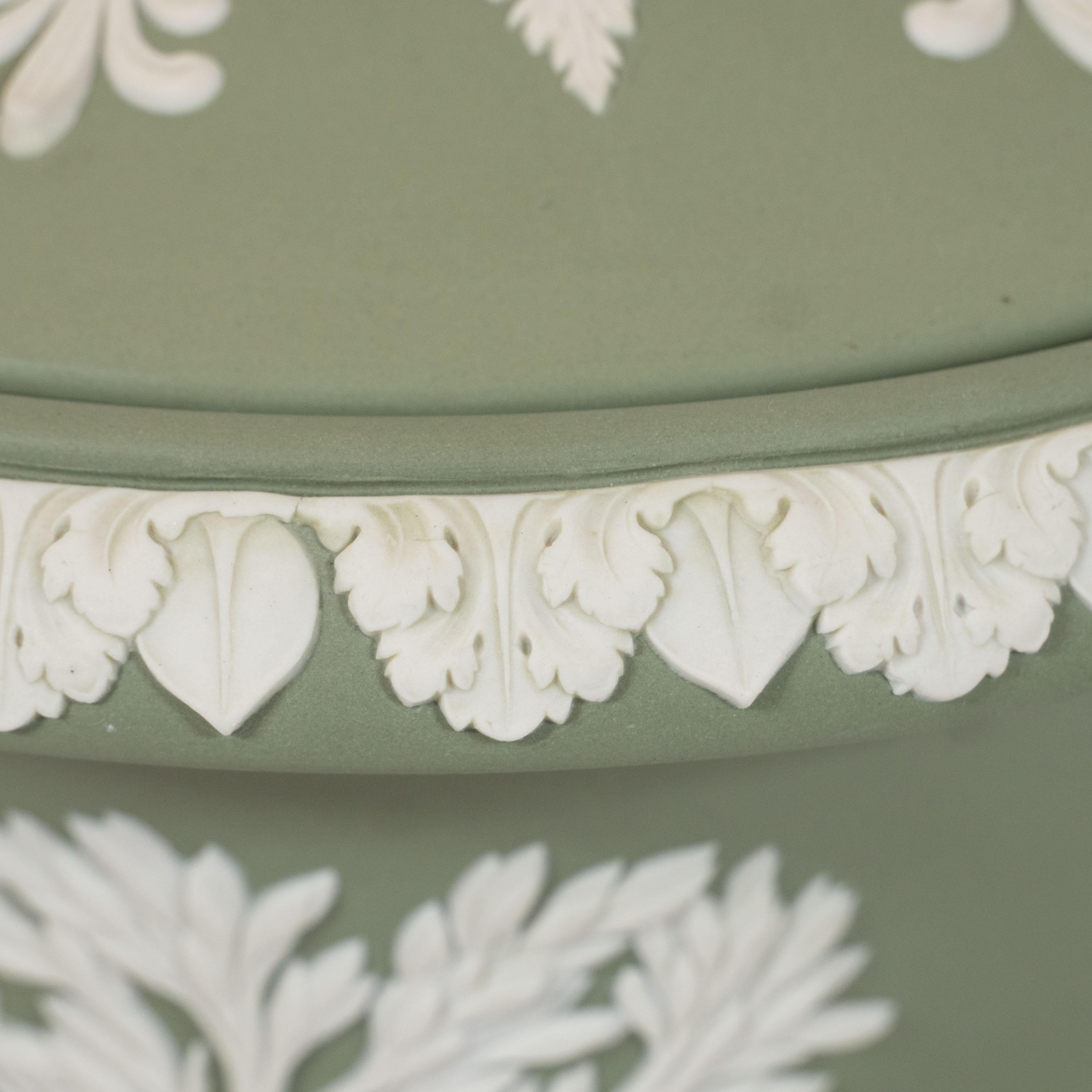 Pair of Wedgwood Neoclassical Jasperware Ceramic Covered Urns in Olive & White 7