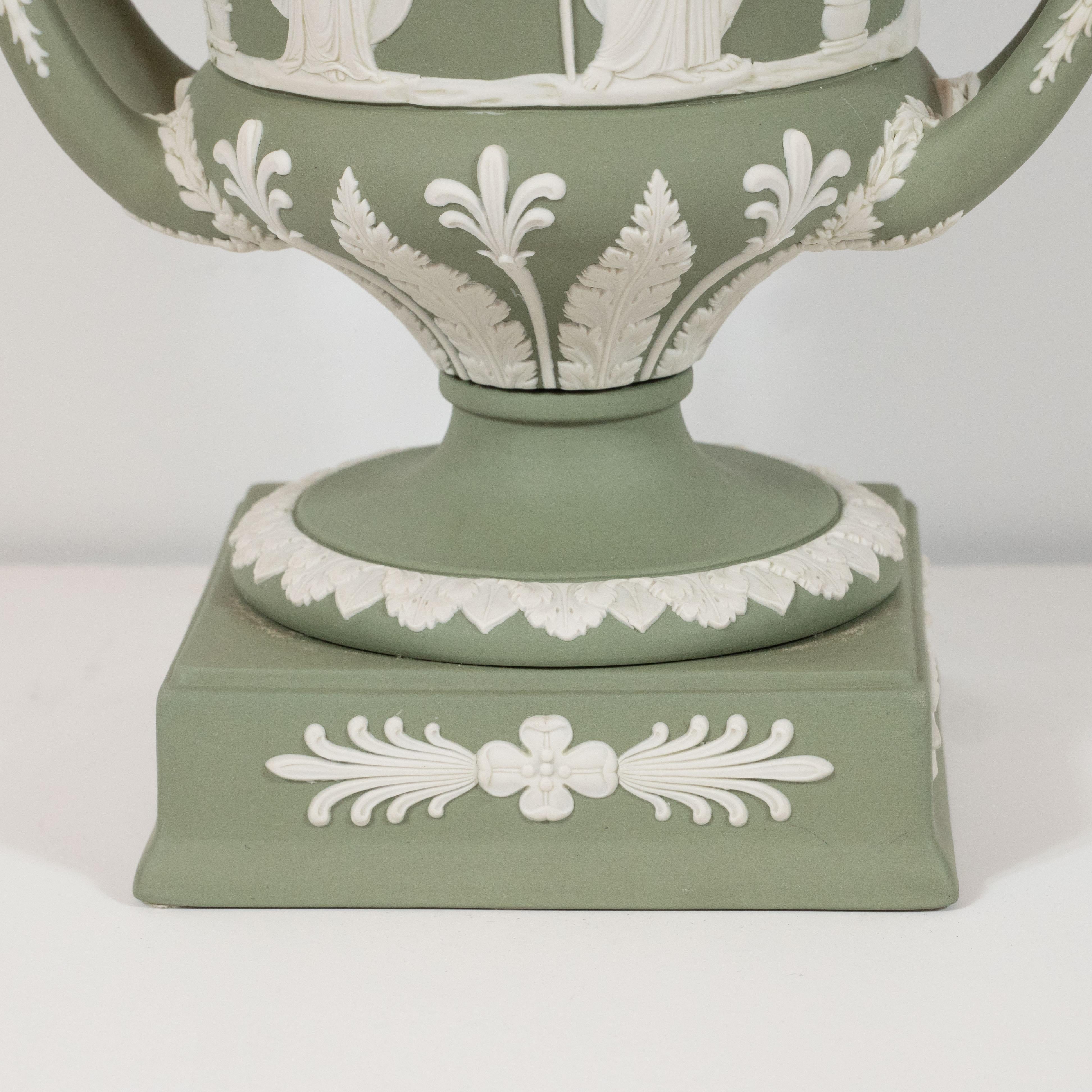 Pair of Wedgwood Neoclassical Jasperware Ceramic Covered Urns in Olive & White In Excellent Condition In New York, NY