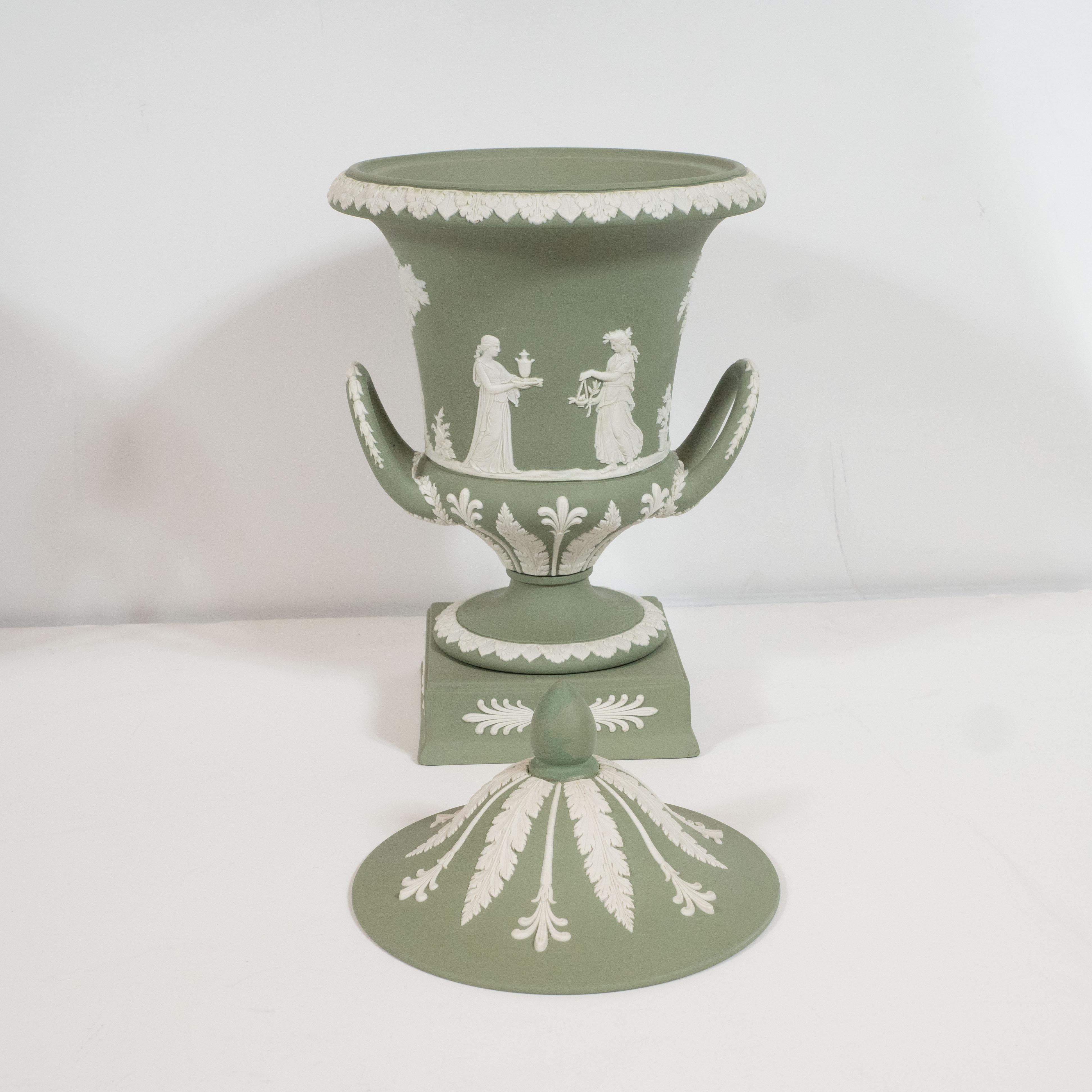 Pair of Wedgwood Neoclassical Jasperware Ceramic Covered Urns in Olive & White 1