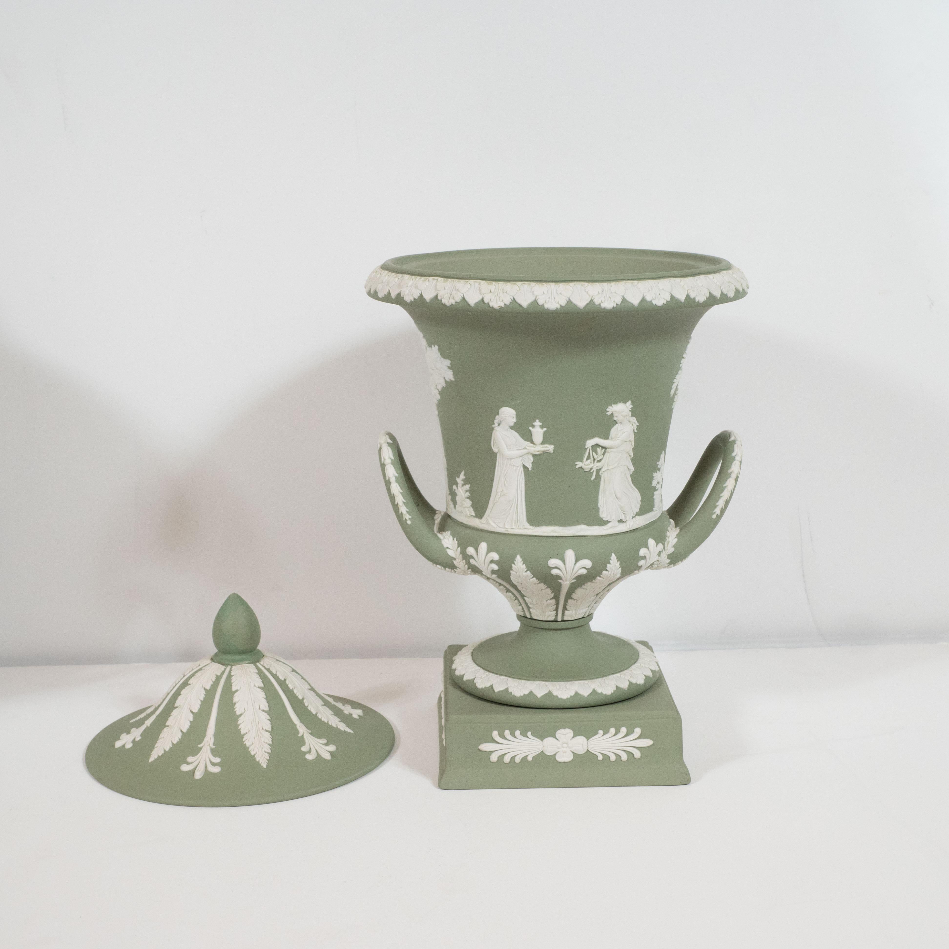 Pair of Wedgwood Neoclassical Jasperware Ceramic Covered Urns in Olive & White 2