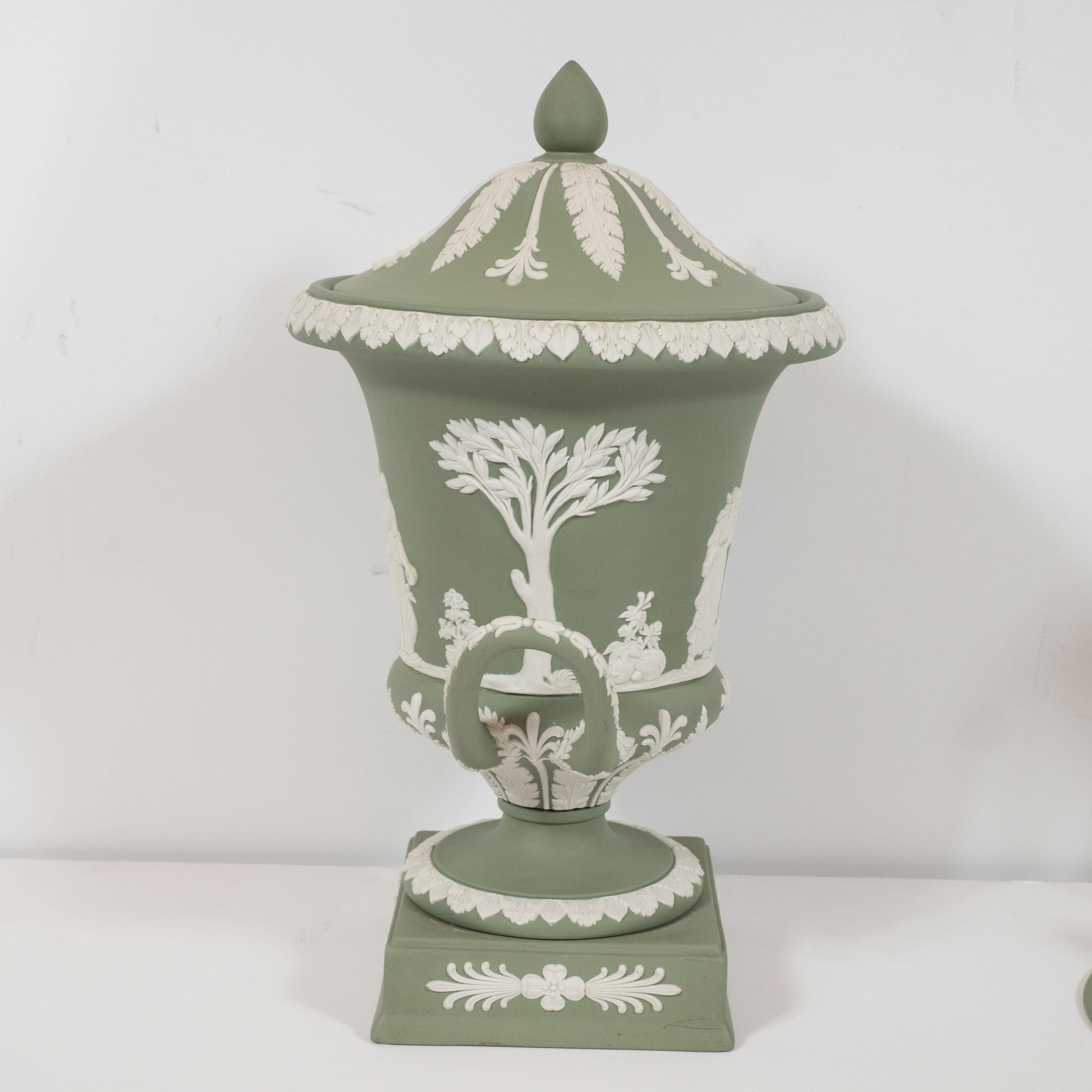 Pair of Wedgwood Neoclassical Jasperware Ceramic Covered Urns in Olive & White 4