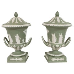 Vintage Pair of Wedgwood Neoclassical Jasperware Ceramic Covered Urns in Olive & White