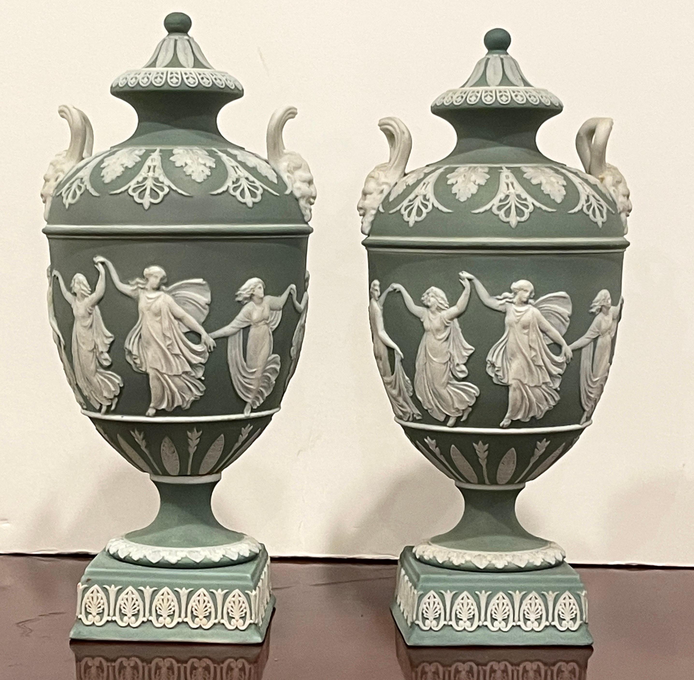 Neoclassical Pair of Wedgwood Olive Basalt ‘Dancing Hours ‘ Vases with Covers
