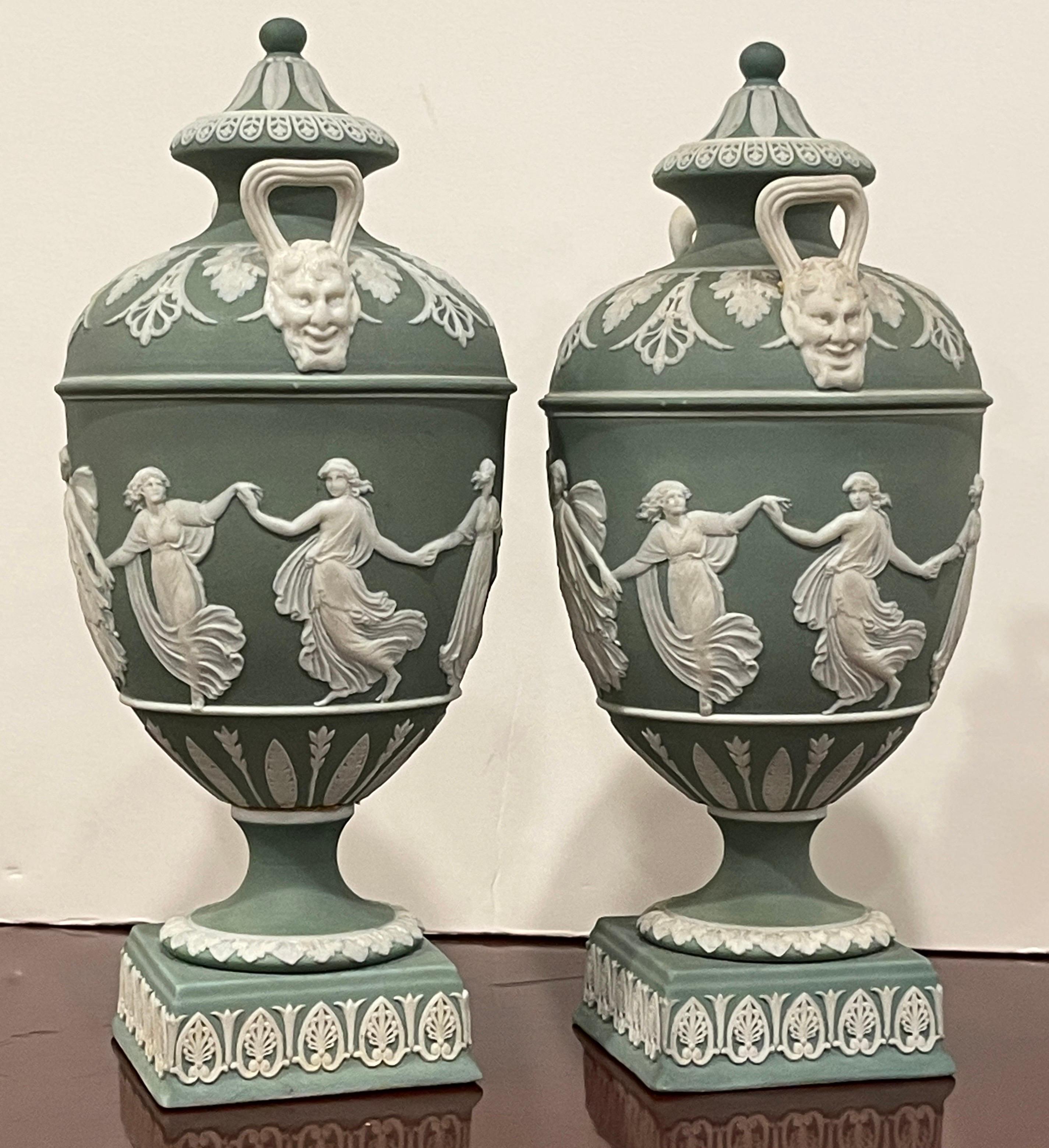English Pair of Wedgwood Olive Basalt ‘Dancing Hours ‘ Vases with Covers