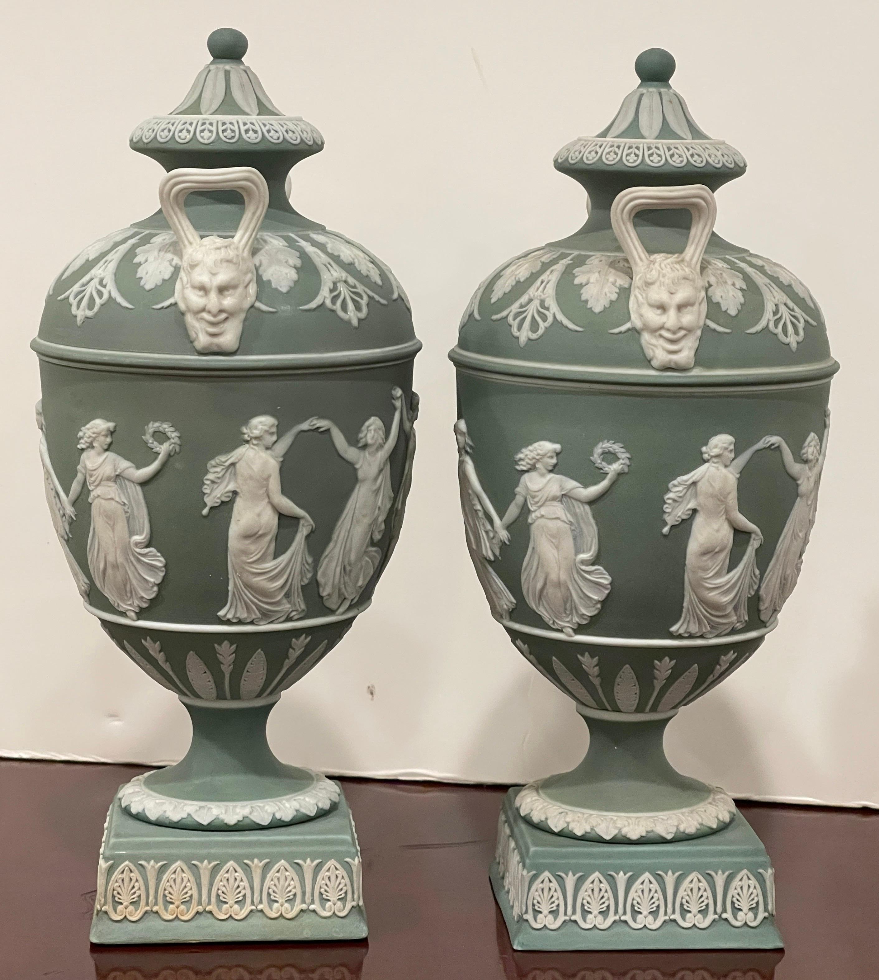 Pair of Wedgwood Olive Basalt ‘Dancing Hours ‘ Vases with Covers In Good Condition In West Palm Beach, FL