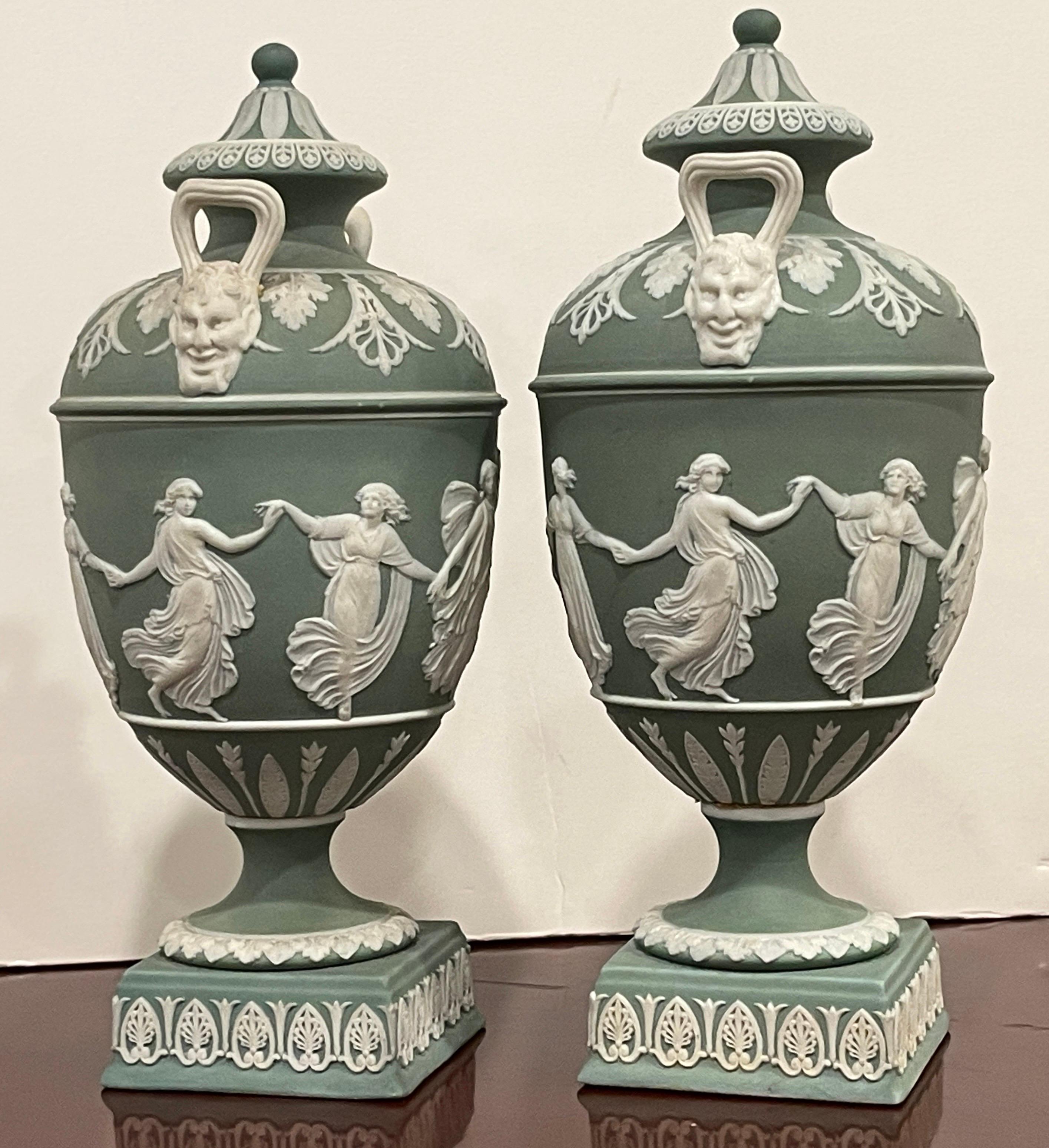 20th Century Pair of Wedgwood Olive Basalt ‘Dancing Hours ‘ Vases with Covers