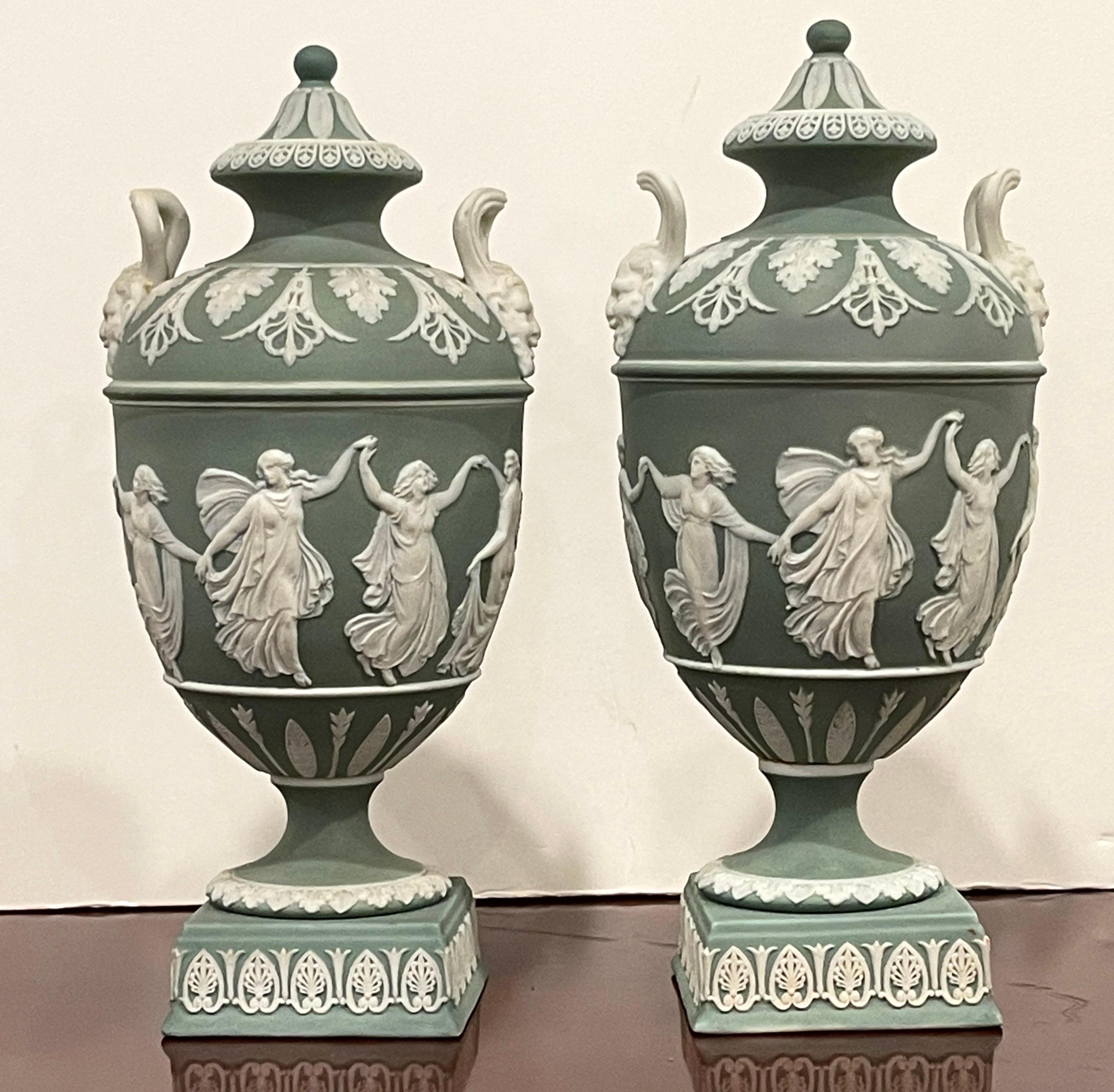 Ceramic Pair of Wedgwood Olive Basalt ‘Dancing Hours ‘ Vases with Covers