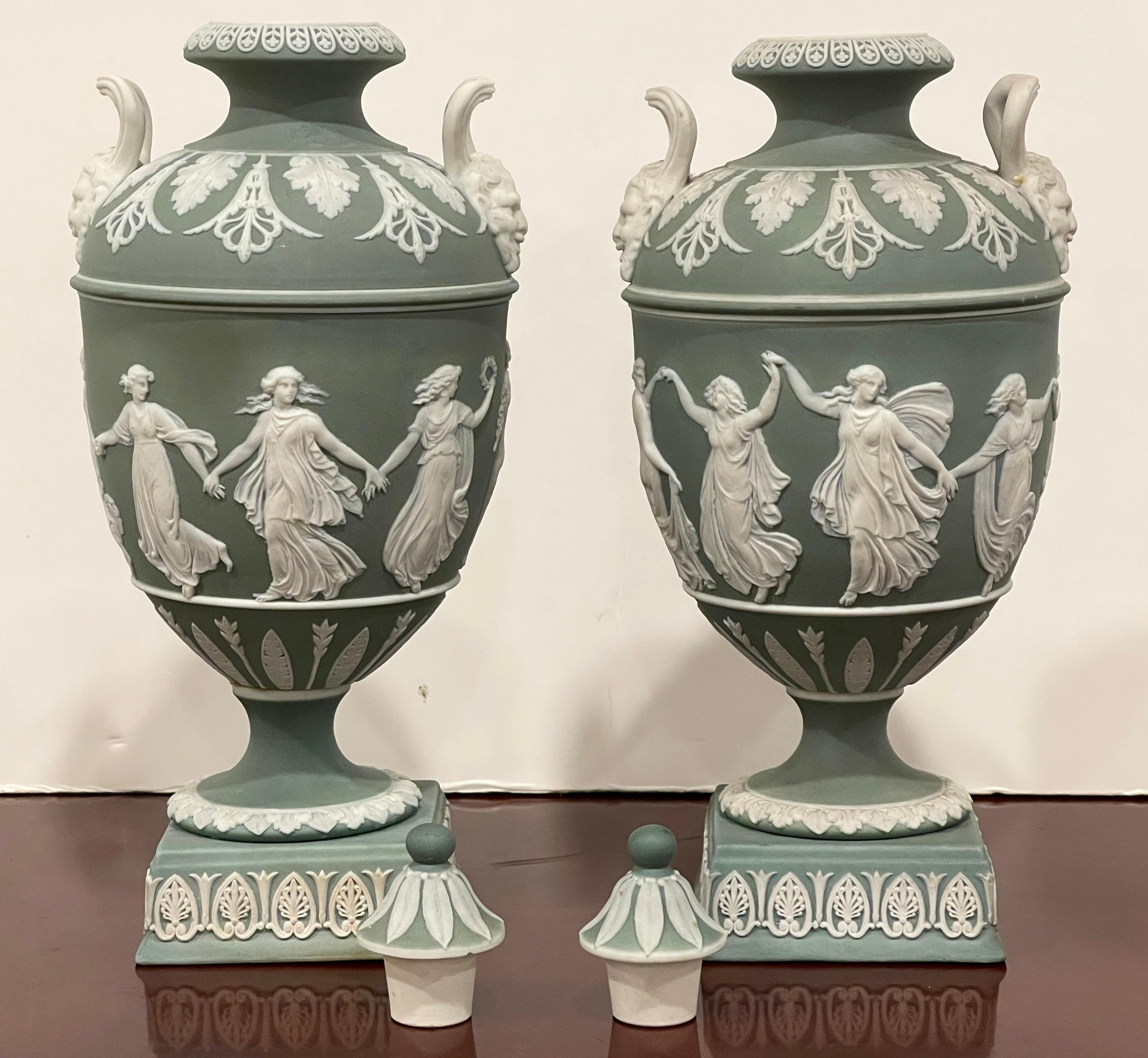 Pair of Wedgwood Olive Basalt ‘Dancing Hours ‘ Vases with Covers 1