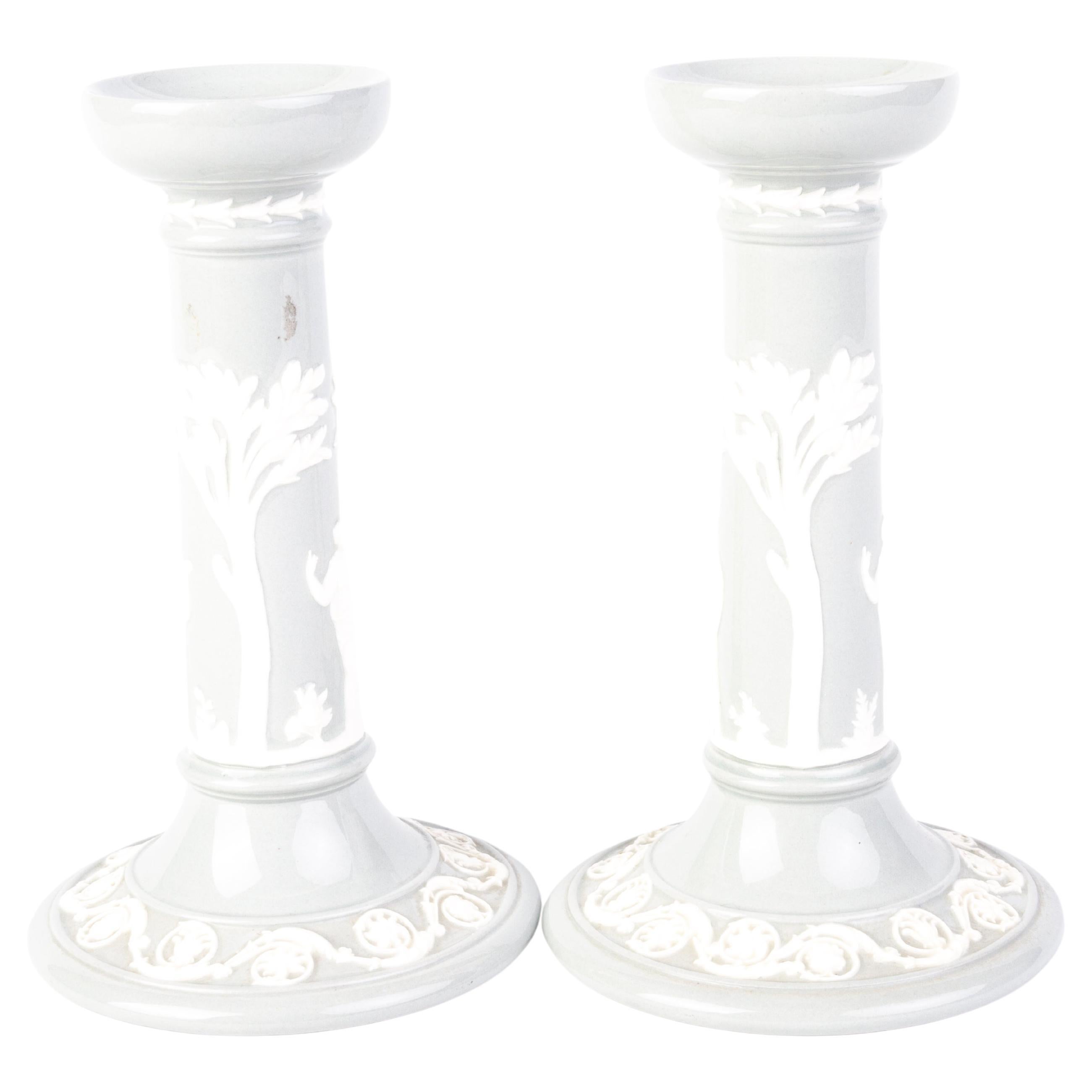Pair of Wedgwood Queens Ware Neoclassical Cameo Candlesticks 