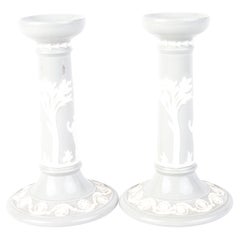 Vintage Pair of Wedgwood Queens Ware Neoclassical Cameo Candlesticks 
