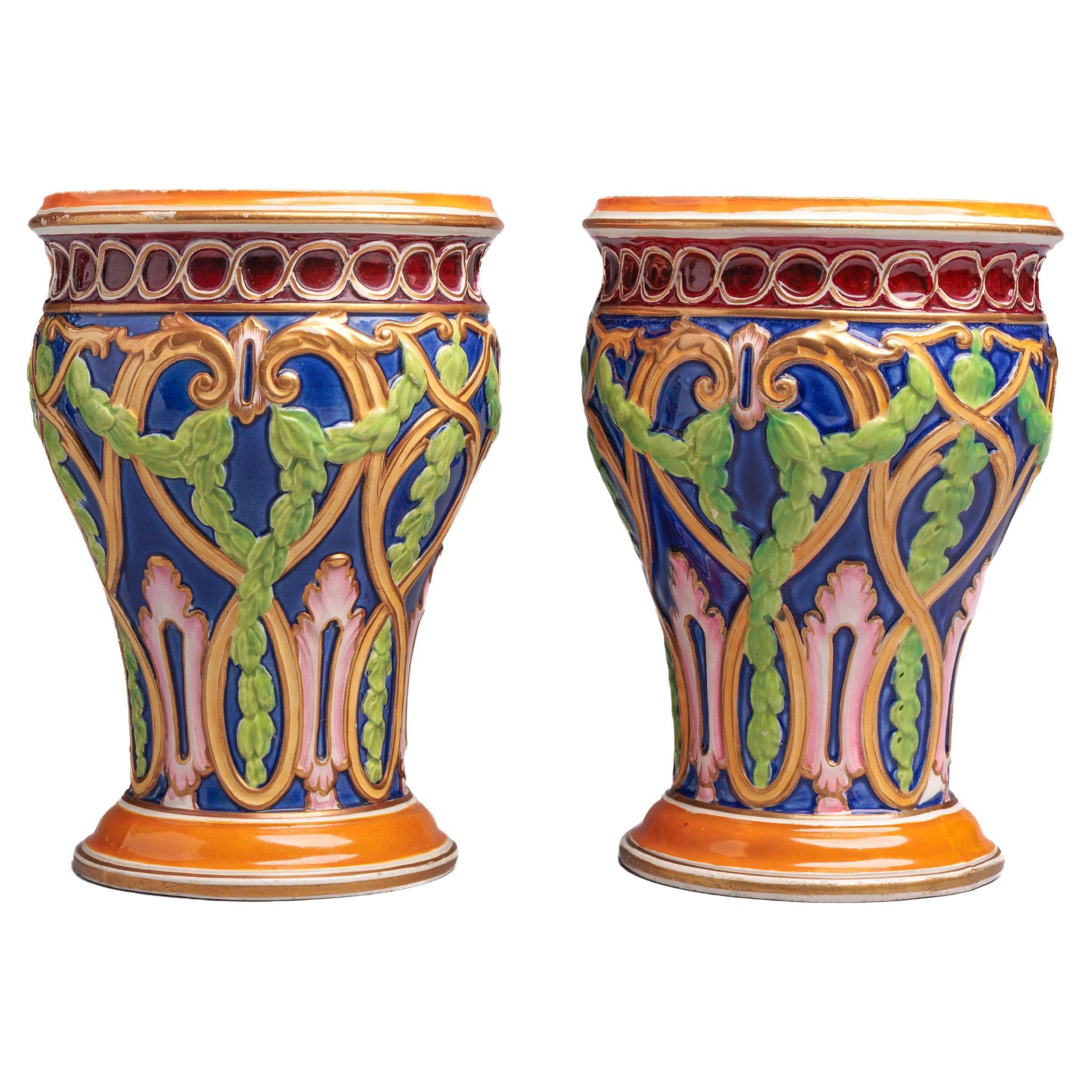 Pair of Wedgwood Renaissance Revival Majolica Vases