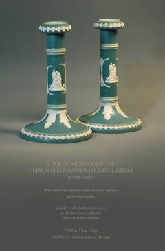 Pair of Wedgwood Style "Dudson" Green Jasperware Candlesticks