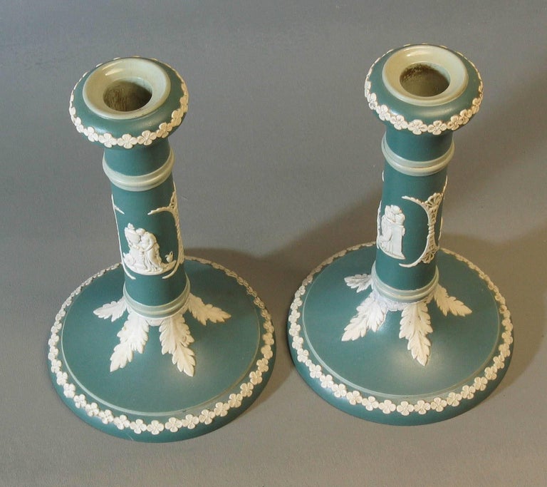 Pair of Wedgwood Style "Dudson" Green Jasperware Candlesticks at 1stDibs